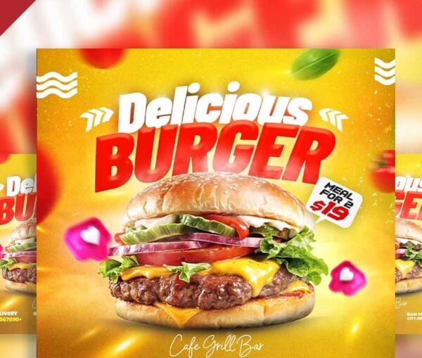 Delicious burger restaurant social media post PSD