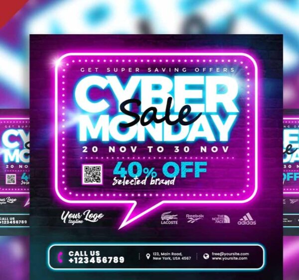 Neon cyber Monday sale social media post PSD