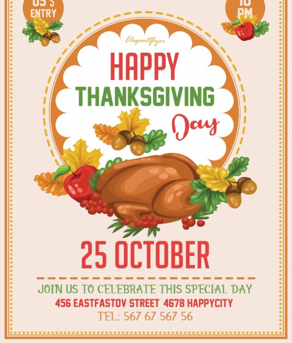 Neat Cartoon Illustrative Thanksgiving Day Flyer Template and Facebook Cover