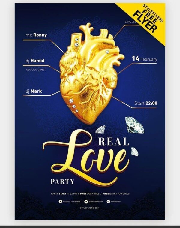 Luxury Valentine’s Day Party Flyer Template with Deep Blue Background